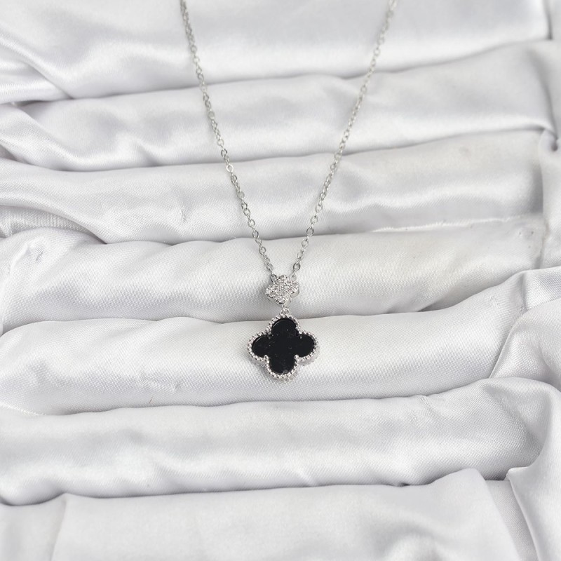 316L Çelik Zincir Gümüş Renk Yonca Model Zirkon Taşlı Kadın Kolye