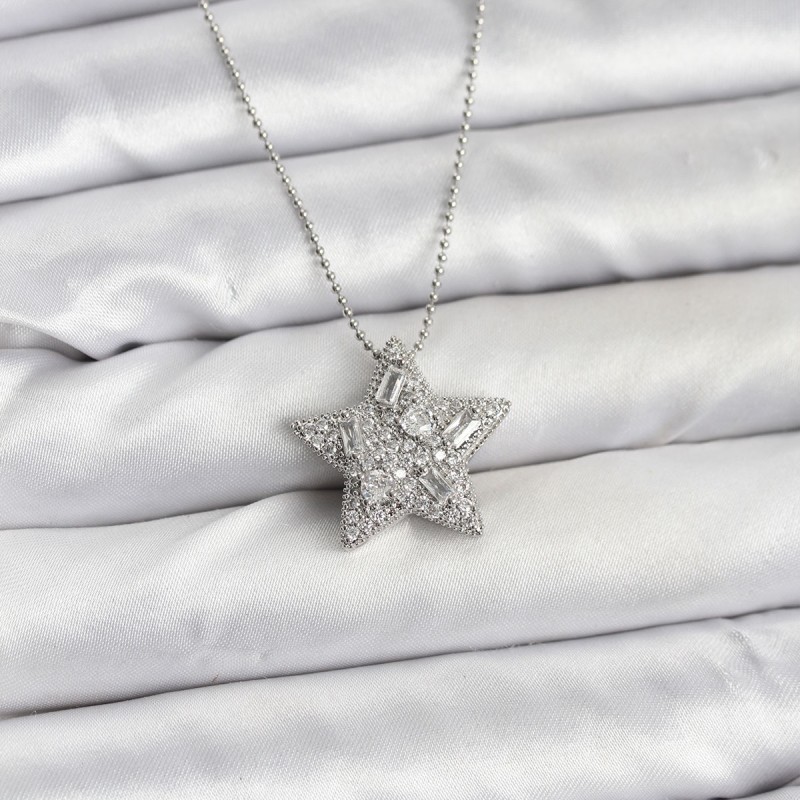 316L Çelik Zincir Gümüş Renk Zincirli Gümüş Yıldız Model Kadın Kolye