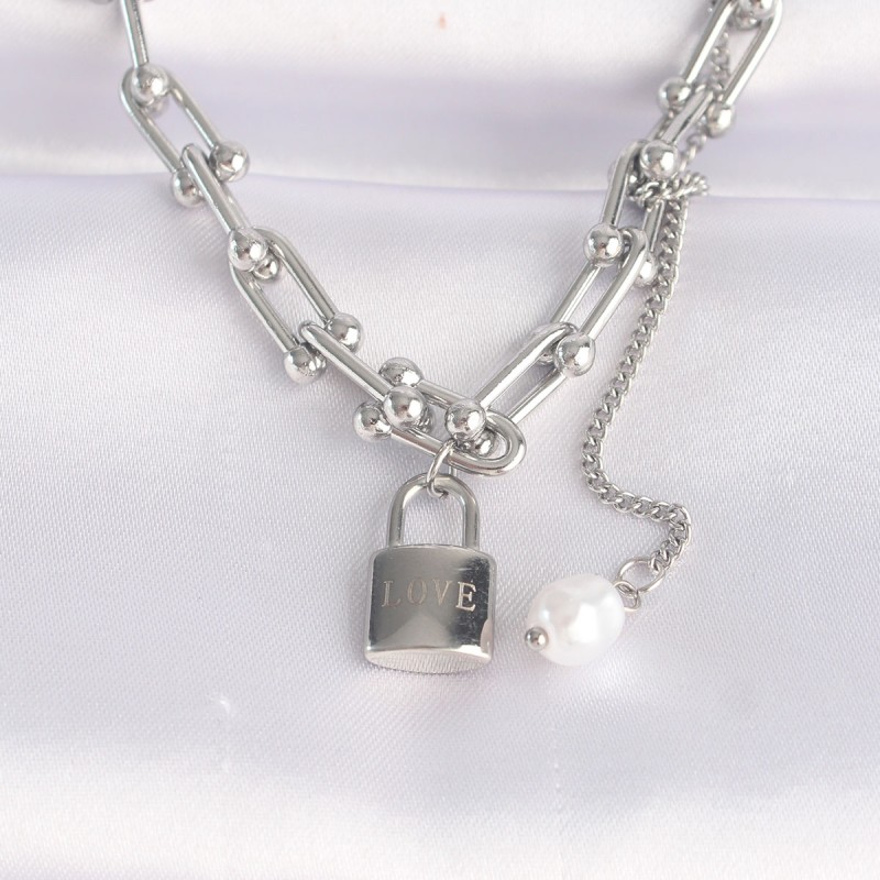 316L Çelik Zincir Gümüş Renk Zincirli Love Yazılı Kilit Kolye