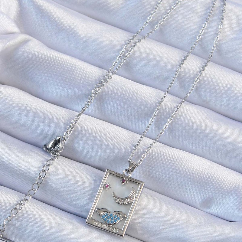 316L Çelik Zincir Gümüş Renk Zirkon Taşlı Ay Figürlü Tarot Kolye