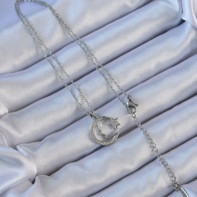 316L Çelik Zincir Gümüş Renk Zirkon Taşlı Ay Yıldız Simgeli Atatürk Kolye