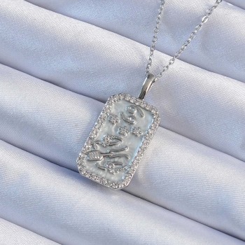 316L Çelik Zincir Gümüş Renk Zirkon Taşlı Çerçeveli Tarot Kolye