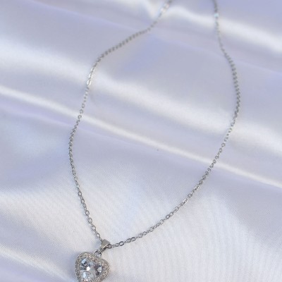 316L Çelik Zincir Gümüş Renk Zirkon Taşlı Charm Kalp Kolye