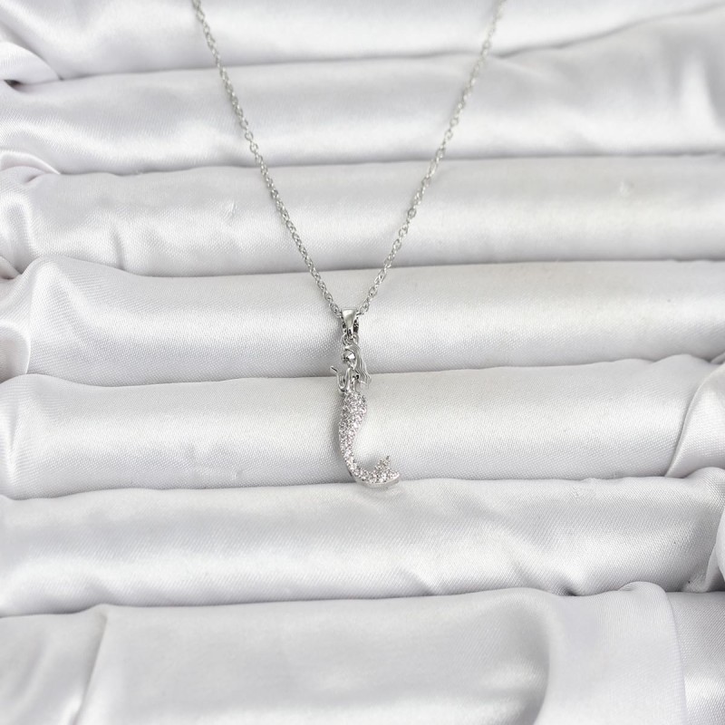 316L Çelik Zincir Gümüş Renk Zirkon Taşlı Deniz Kızı Model Kadın Kolye