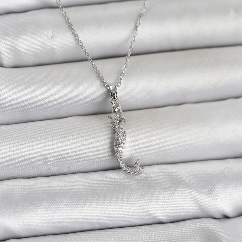 316L Çelik Zincir Gümüş Renk Zirkon Taşlı Deniz Kızı Model Kadın Kolye