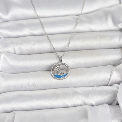 316L Çelik Zincir Gümüş Renk Zirkon Taşlı Deniz Temalı Kadın Kolye