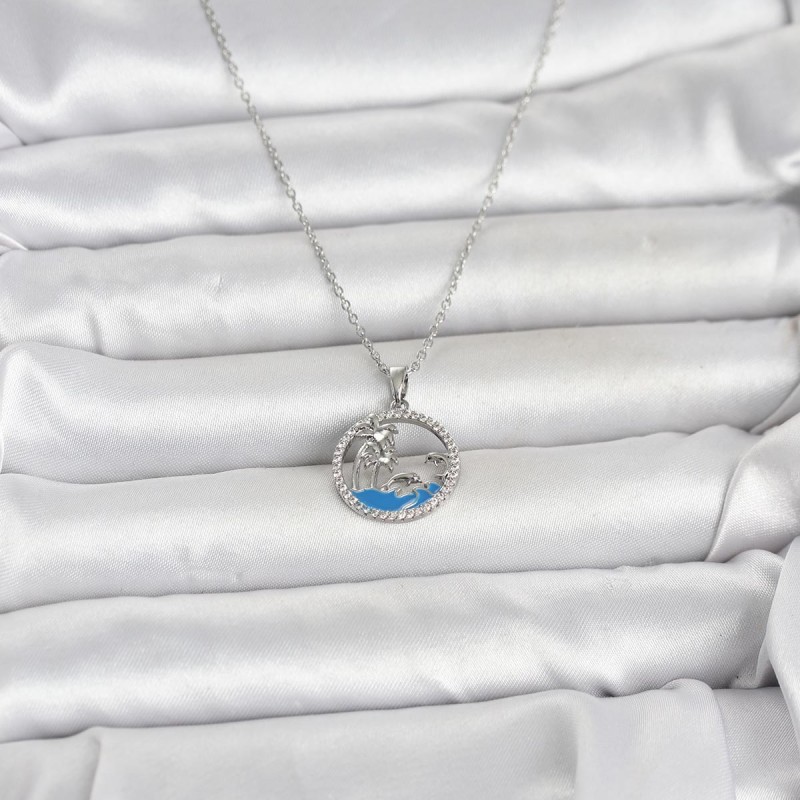 316L Çelik Zincir Gümüş Renk Zirkon Taşlı Deniz Temalı Kadın Kolye