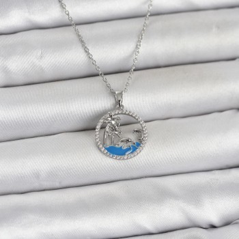 316L Çelik Zincir Gümüş Renk Zirkon Taşlı Deniz Temalı Kadın Kolye