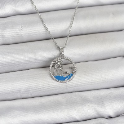 316L Çelik Zincir Gümüş Renk Zirkon Taşlı Deniz Temalı Kadın Kolye