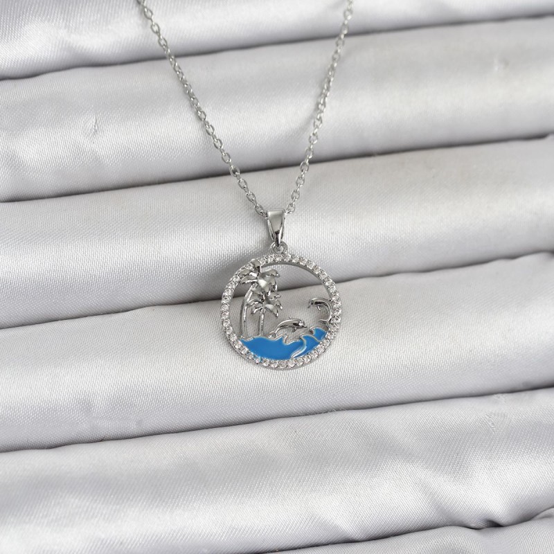 316L Çelik Zincir Gümüş Renk Zirkon Taşlı Deniz Temalı Kadın Kolye