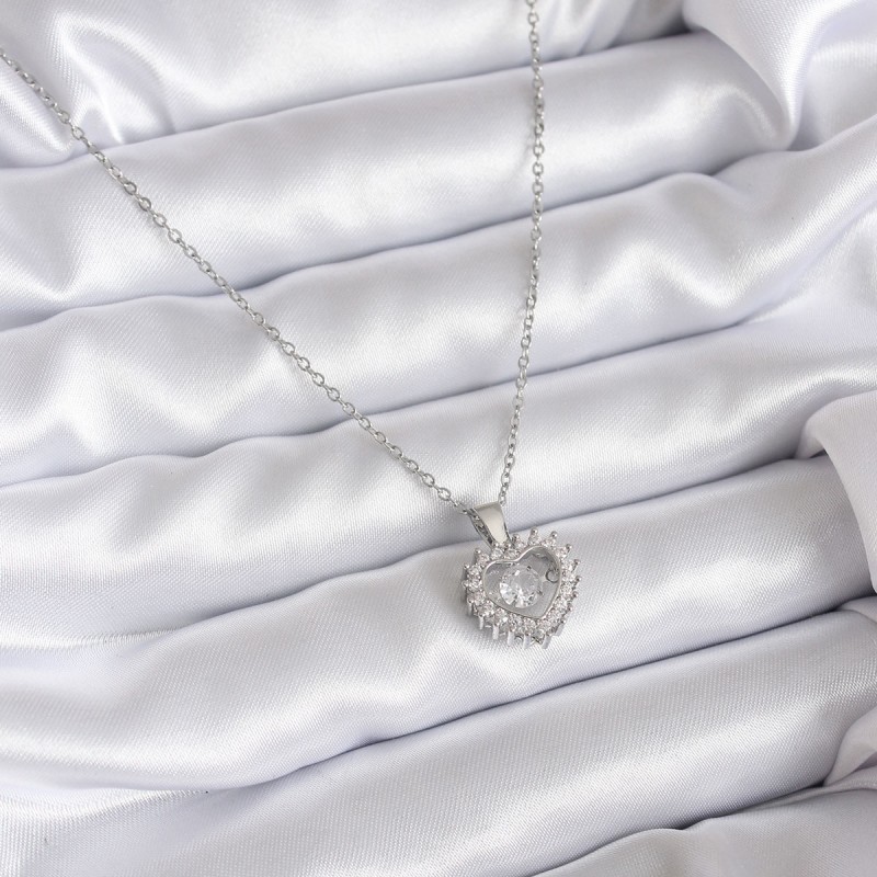 316L Çelik Zincir Gümüş Renk Zirkon Taşlı Kalp Model Kadın Kolye