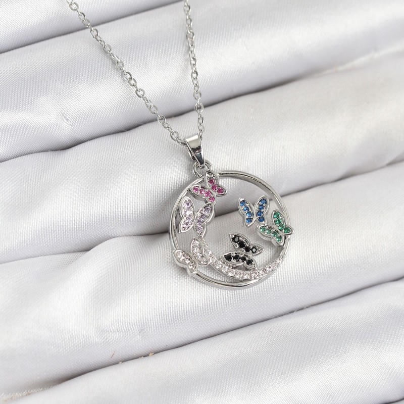 316L Çelik Zincir Gümüş Renk Zirkon Taşlı Kelebekli Kadın Kolye