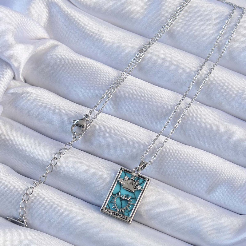 316L Çelik Zincir Gümüş Renk Zirkon Taşlı Mavi Mermer Desenli Taç Model Tarot Kolye