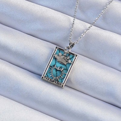 316L Çelik Zincir Gümüş Renk Zirkon Taşlı Mavi Mermer Desenli Taç Model Tarot Kolye