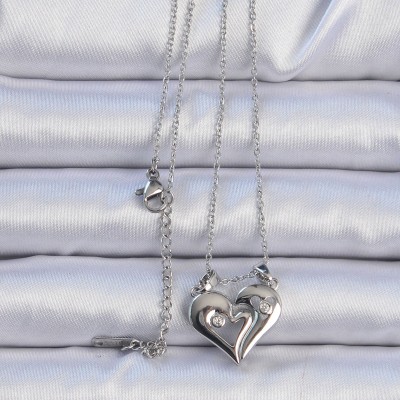 316L Çelik Zincir Gümüş Renk Zirkon Taşlı Mıknatıslı Kalp Kolye