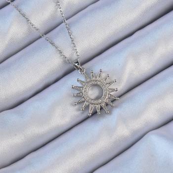 316L Çelik Zincir Gümüş Renk Zirkon Taşlı Parlayan Güneş Kolye