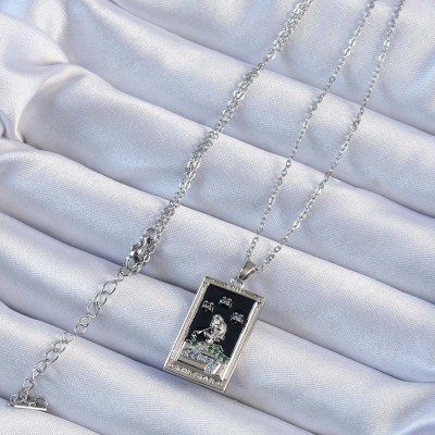 316L Çelik Zincir Gümüş Renk Zirkon Taşlı Siyah Mineli Kız Figürlü Tarot Kolye