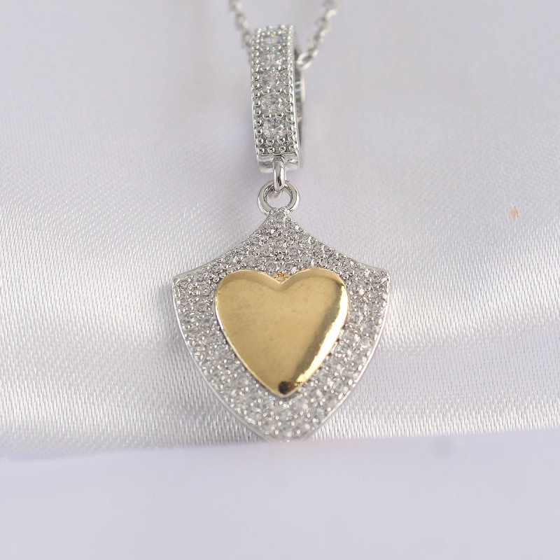 316L Çelik Zincir Gümüş Renk Zirkon Taşlı Tasarım Altın Kalp Kolye