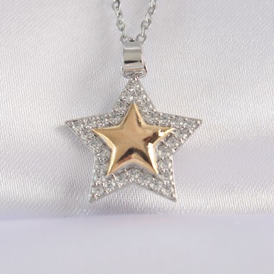 316L Çelik Zincir Gümüş Renk Zirkon Taşlı Tasarım Altın Renk Yıldız Kolye