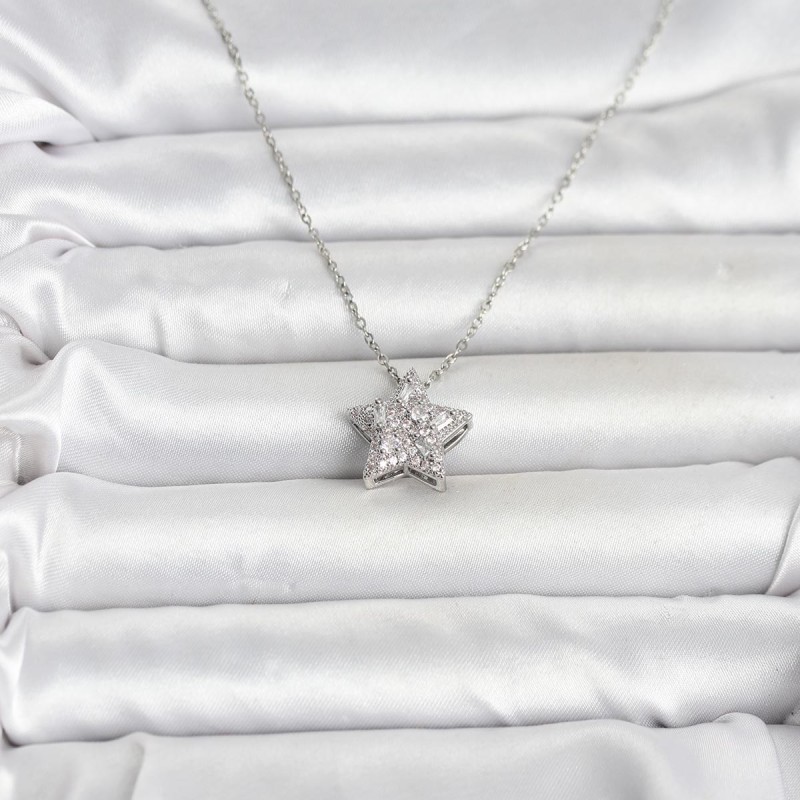 316L Çelik Zincir Gümüş Renk Zirkon Taşlı Yıldız Model Kadın Kolye
