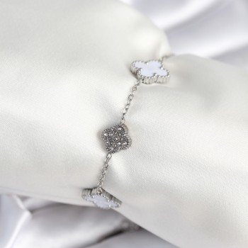 316L Çelik Zincir Gümüş Renk Zirkon Taşlı Yonca Beyaz Kadın Bileklik