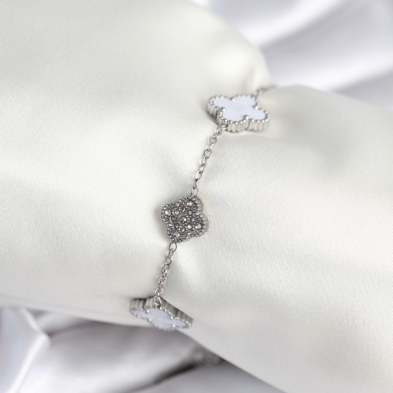 316L Çelik Zincir Gümüş Renk Zirkon Taşlı Yonca Beyaz Kadın Bileklik
