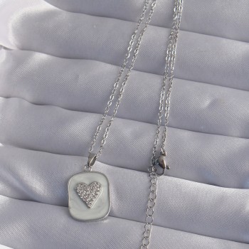316L Çelik Zincir Mermer Desenli Gümüş Renk Zirkon Taşlı Kalp Model Kolye