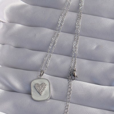 316L Çelik Zincir Mermer Desenli Gümüş Renk Zirkon Taşlı Kalp Model Kolye