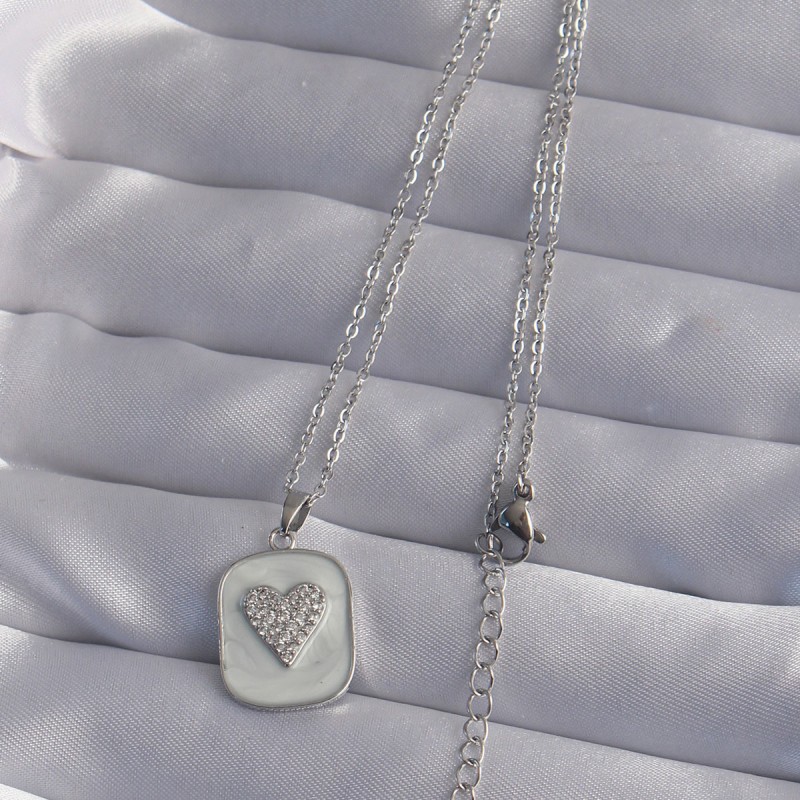 316L Çelik Zincir Mermer Desenli Gümüş Renk Zirkon Taşlı Kalp Model Kolye