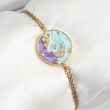 316L Çelik Zincir Mineli Sanatsal Portre Zirkon Taşlı Gezegen Model Gold Renk Kadın Bileklik