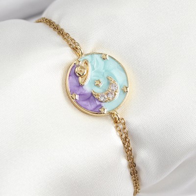 316L Çelik Zincir Mineli Sanatsal Portre Zirkon Taşlı Gezegen Model Gold Renk Kadın Bileklik