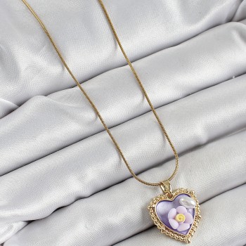 316L Çelik Zincir Mor Sanatsal Portre İnci Detaylı Papatya Figürlü Kalp Model Gold Renk Kadın Kolye
