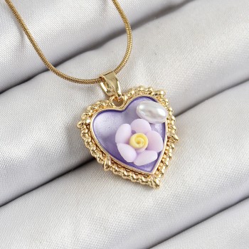 316L Çelik Zincir Mor Sanatsal Portre İnci Detaylı Papatya Figürlü Kalp Model Gold Renk Kadın Kolye