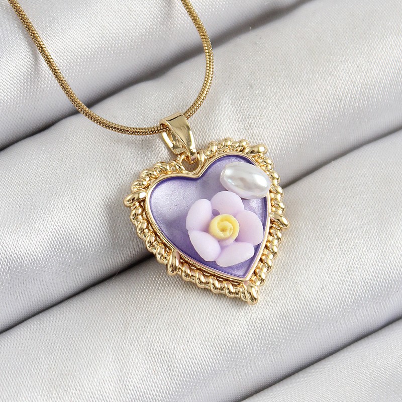 316L Çelik Zincir Mor Sanatsal Portre İnci Detaylı Papatya Figürlü Kalp Model Gold Renk Kadın Kolye