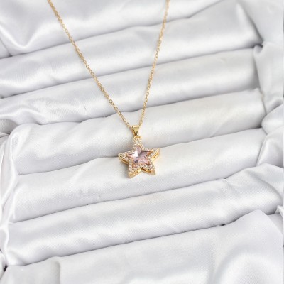 316L Çelik Zincir Pembe Taşlı Yıldız Model Kadın Kolye