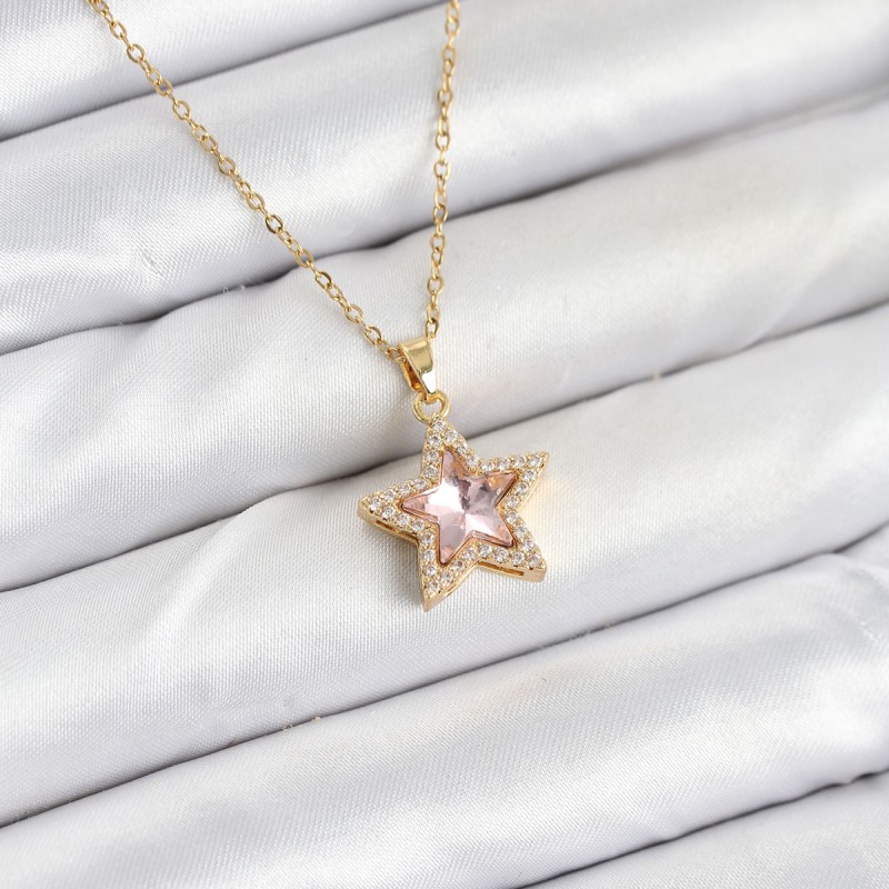 316L Çelik Zincir Pembe Taşlı Yıldız Model Kadın Kolye