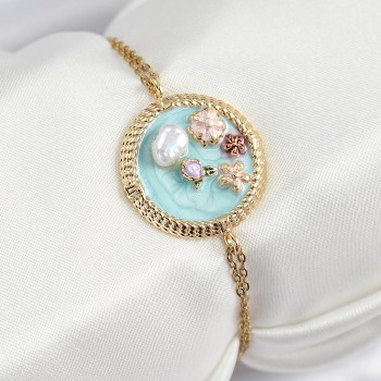 316L Çelik Zincir Turkuaz Mineli Sanatsal Portre İnci Detaylı Çiçek Model Gold Renk Kadın Bileklik