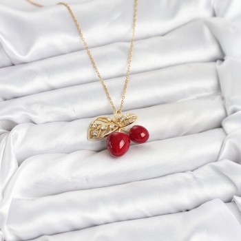316L Çelik Zincir Yapraklı Kiraz Model Gold Renk Kadın Kolye