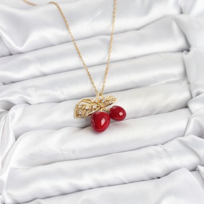 316L Çelik Zincir Yapraklı Kiraz Model Gold Renk Kadın Kolye