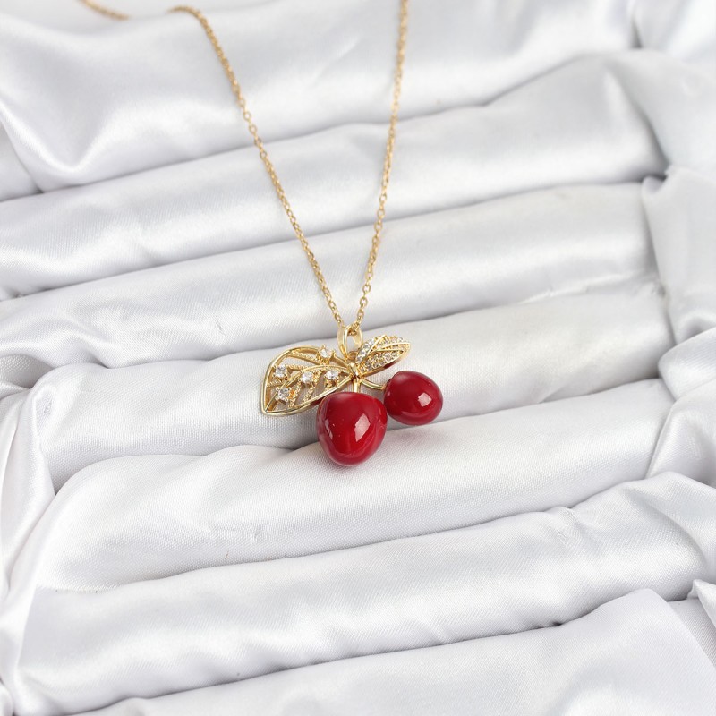 316L Çelik Zincir Yapraklı Kiraz Model Gold Renk Kadın Kolye