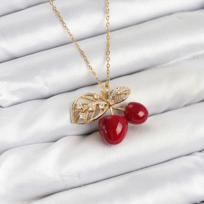 316L Çelik Zincir Yapraklı Kiraz Model Gold Renk Kadın Kolye