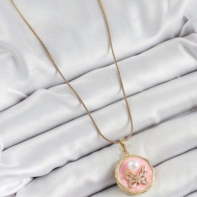316L Çelik Zincir Zirkon Taşlı Pembe Sanatsal Portre İnci Detaylı Kelebek Model Gold Renk Kadın Kolye