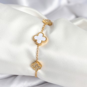 316L Çelik Zincir Zirkon Taşlı Yonca Beyaz Kadın Bileklik