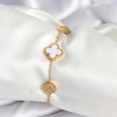 316L Çelik Zincir Zirkon Taşlı Yonca Beyaz Kadın Bileklik