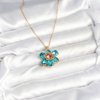 316L Çelik Zincirli Mavi Çiçek Model Kadın Kolye
