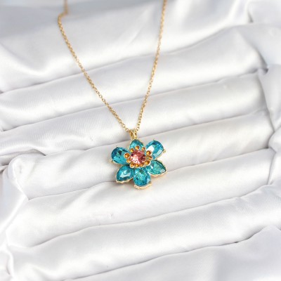316L Çelik Zincirli Mavi Çiçek Model Kadın Kolye