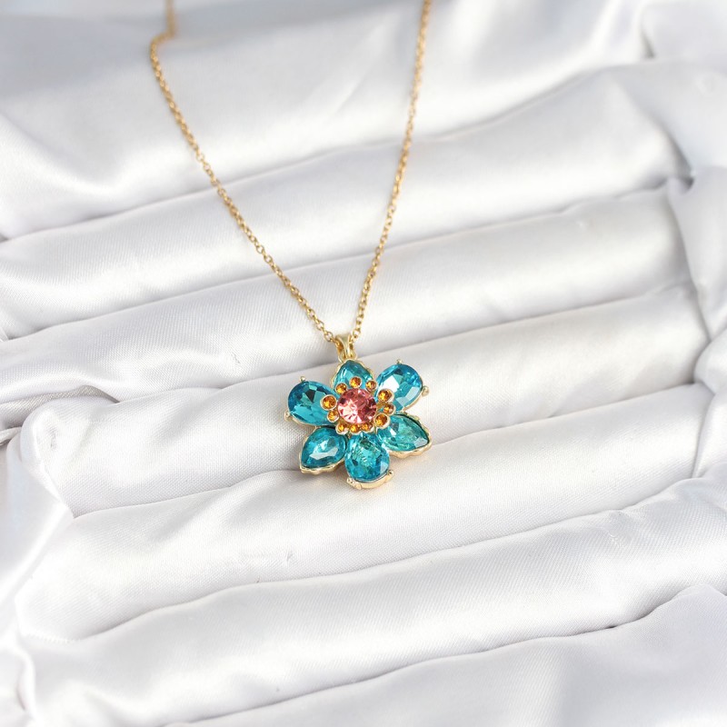 316L Çelik Zincirli Mavi Çiçek Model Kadın Kolye