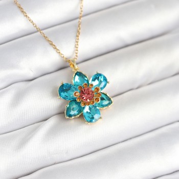 316L Çelik Zincirli Mavi Çiçek Model Kadın Kolye