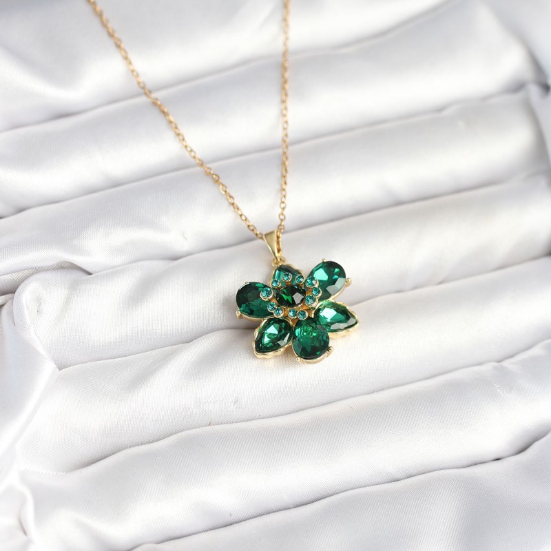 316L Çelik Zincirli Yeşil Çiçek Model Kadın Kolye