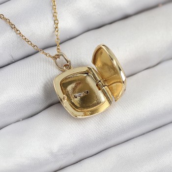 316L Çelik Zirkon Taşlı Açılabilr Kapaklı Göz Model Gold Renk Kadın Kolye